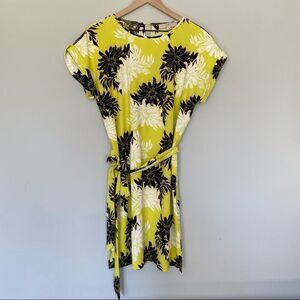 Loft Small Dress Bright Yellow Black & White Vibrant Floral Belted Shift